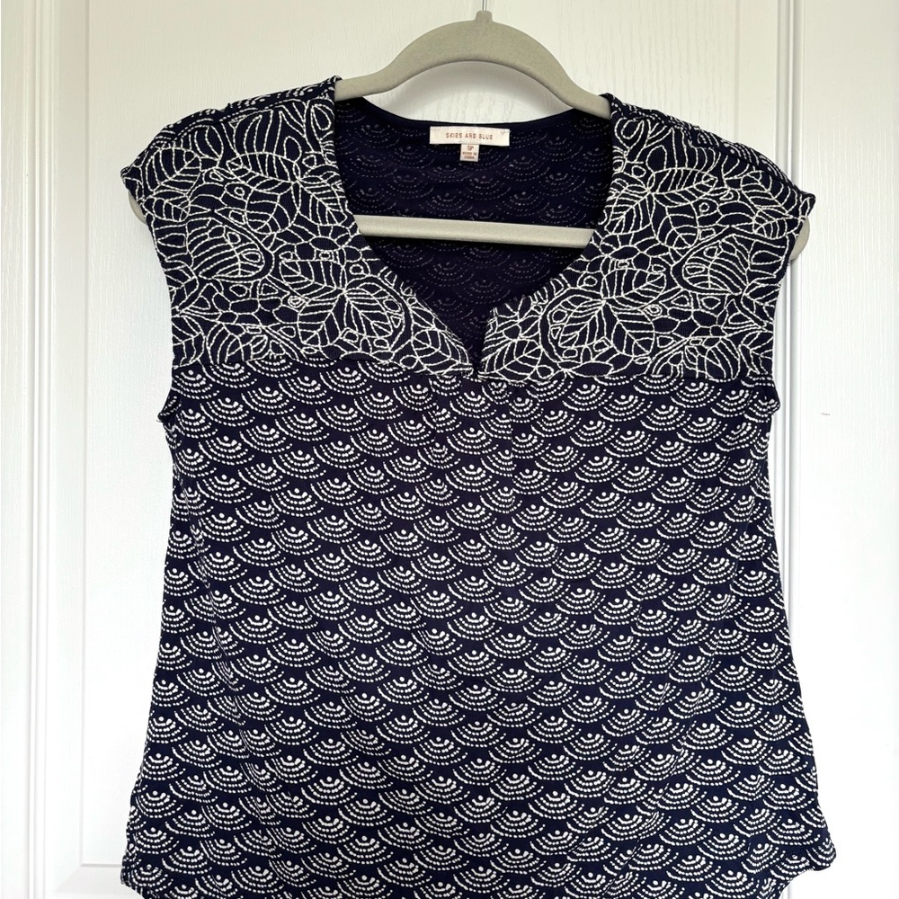 Skies Are Blue Navy and White Patterned Women's Top